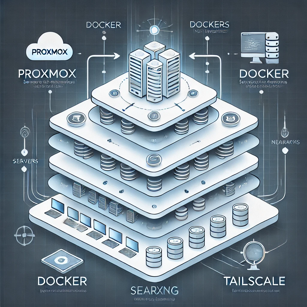 Инфографика, показывающая интеграцию Proxmox, Docker, SearXNG и Tailscale