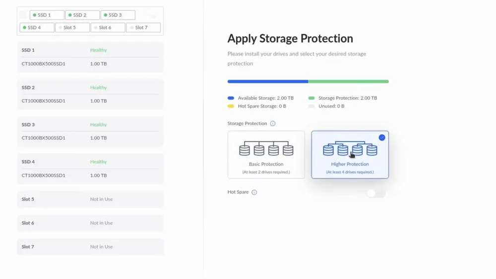 Интерфейс UniFi UNAS Pro, отображающий слоты для SSD, объем хранилища и варианты защиты данных, включая “Базовую защиту” и “Повышенную защиту”.