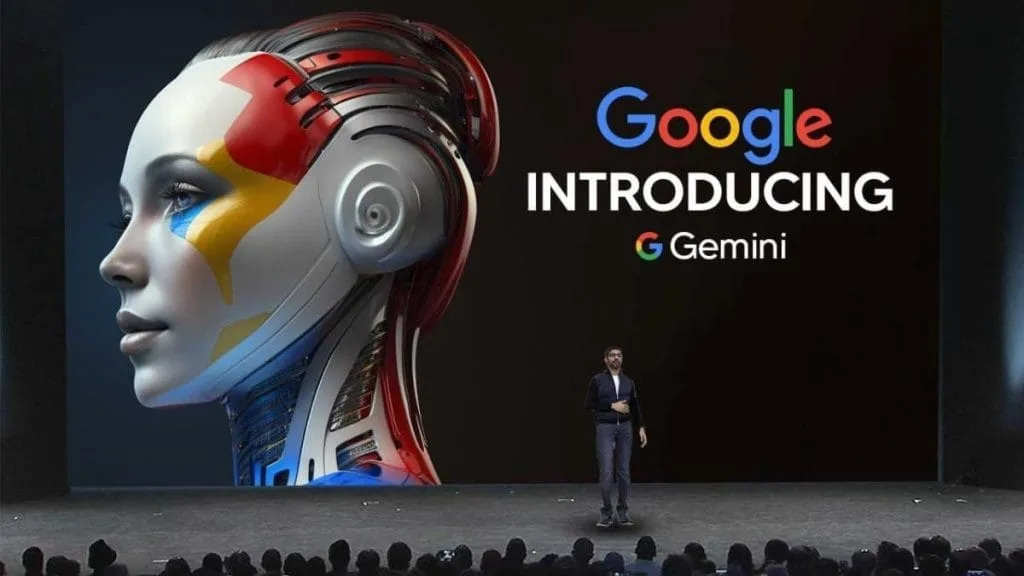 Выступление на конференции Google с представлением AI Gemini и его роботообразного ассистента.