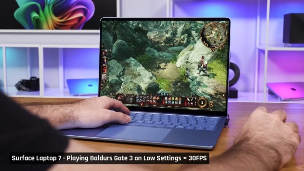 Игровой процесс в Baldur's Gate 3 на Surface Laptop 7 с низкими настройками.