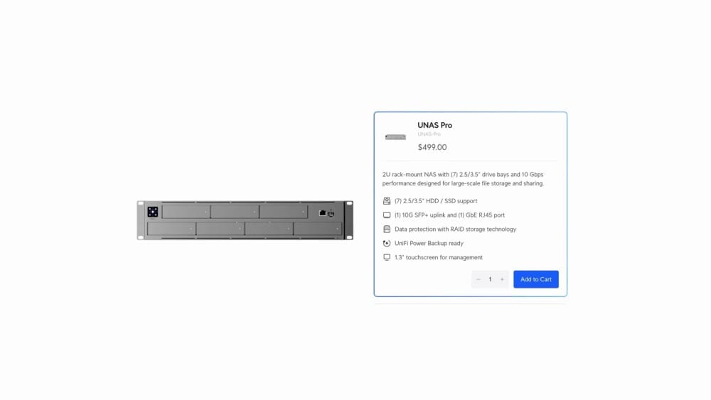 Страница UniFi UNAS Pro с ценой $499 и характеристиками: 7 отсеков, поддержка RAID и 10 Гбит/с.