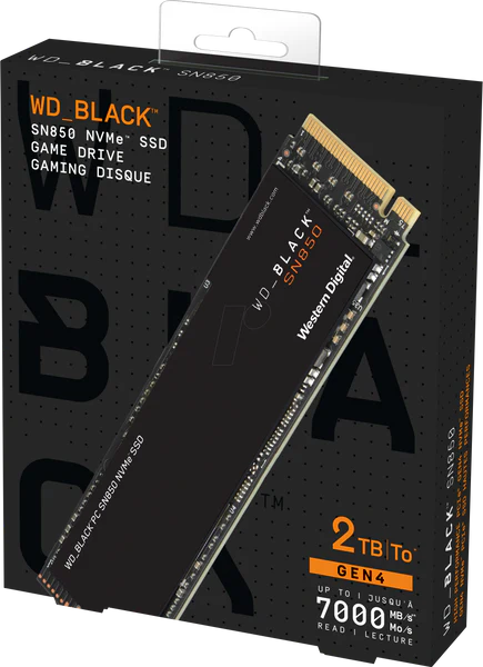 WD_BLACK SN850 NVMe SSD, демонстрирующий стильный дизайн и упаковку, идеально подходящий для игрового хранения.