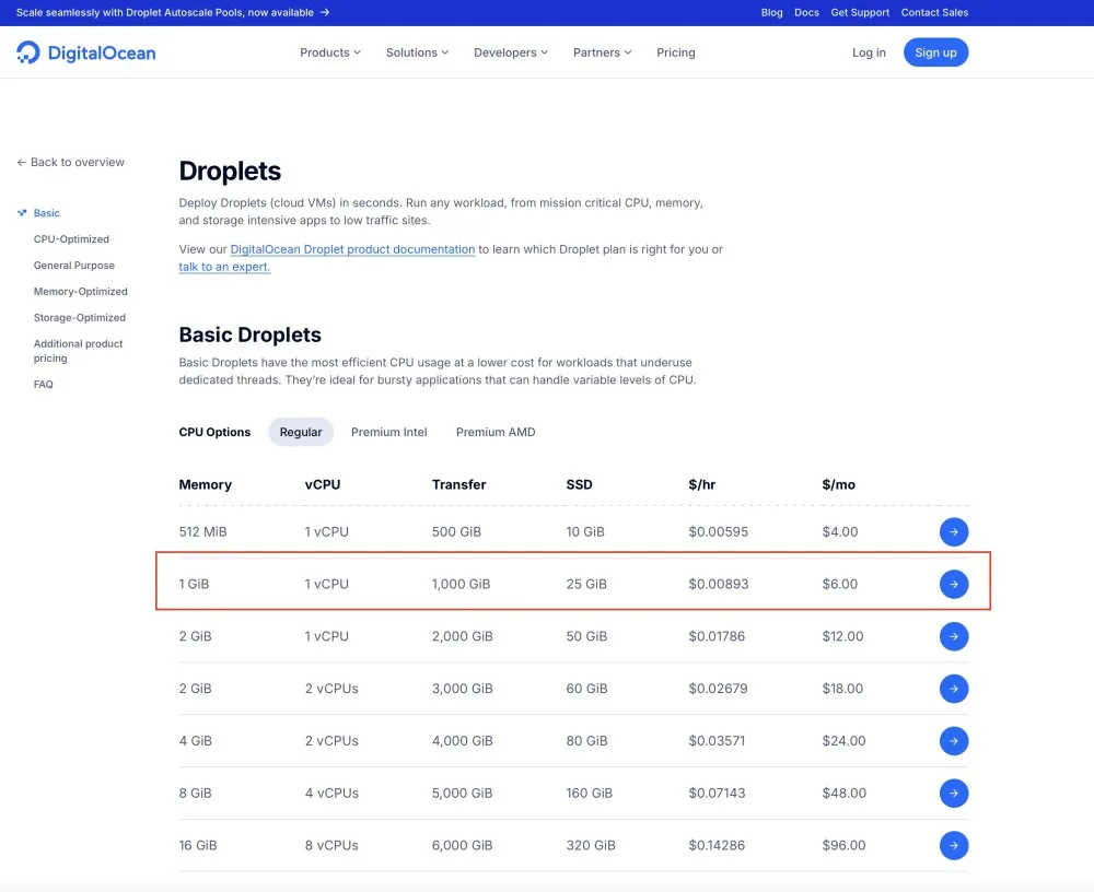 Таблица цен DigitalOcean Droplets, демонстрирующая варианты виртуальных машин с различной памятью, процессорами и конфигурациями хранения.