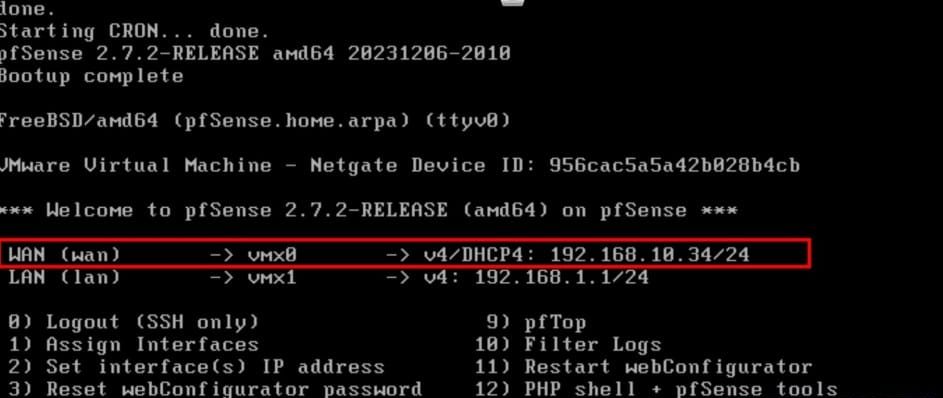 Скриншот интерфейса pfSense, показывающий настройки WAN и LAN с параметрами DHCP.