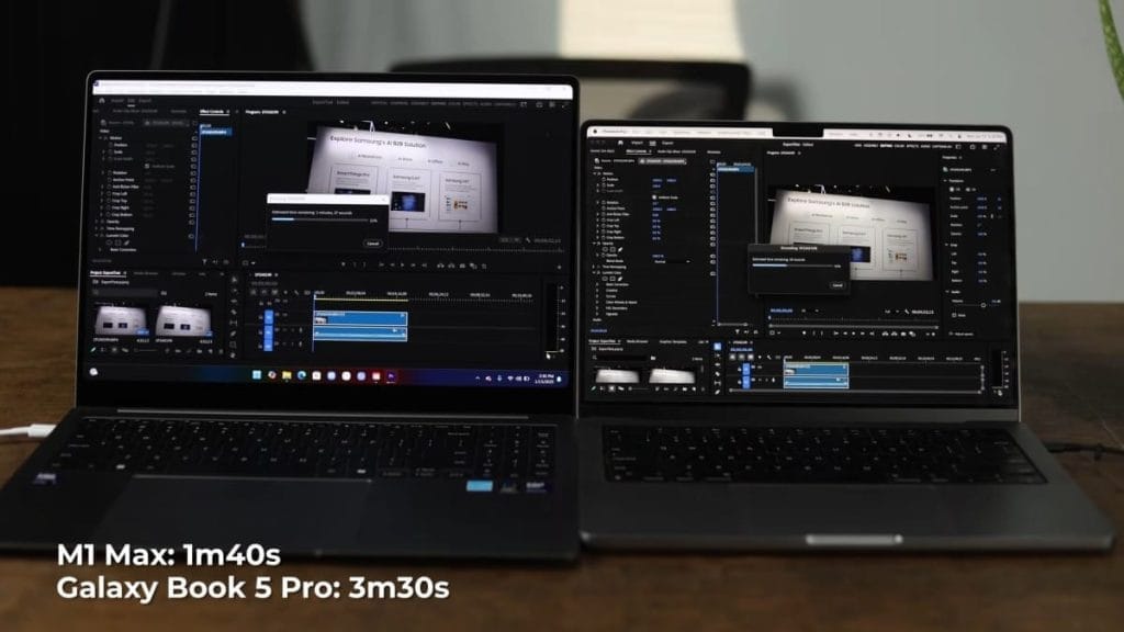 Два ноутбука, M1 Max и Galaxy Book 5 Pro, сравнивающие время рендеринга в Adobe Premiere Pro.