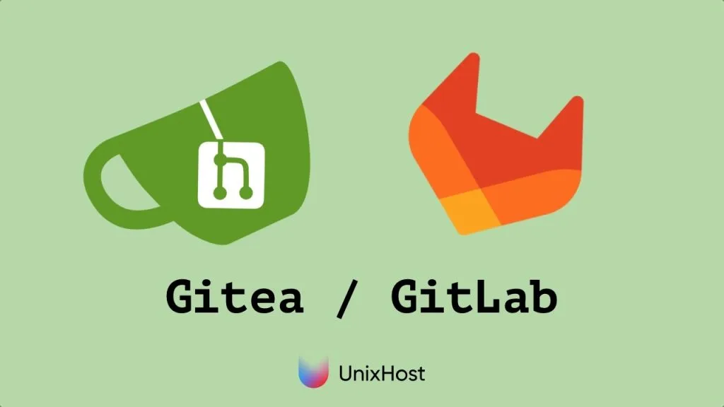 Логотипы Gitea и GitLab на зеленом фоне, представляющие популярные платформы управления Git-репозиториями.