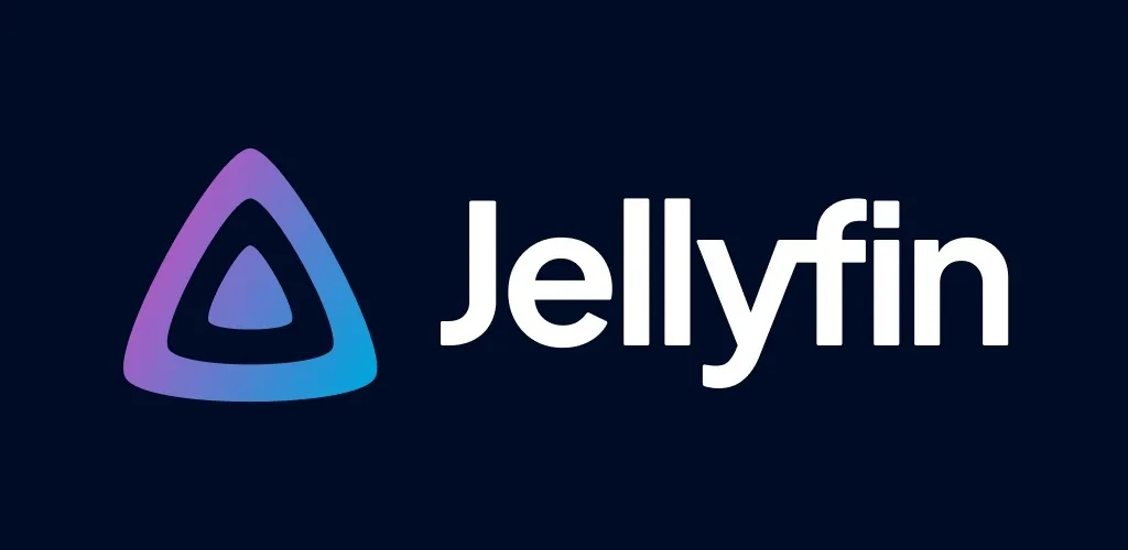 Логотип Jellyfin с цветным треугольным дизайном на темном фоне, подчеркивающий его яркое брендирование.