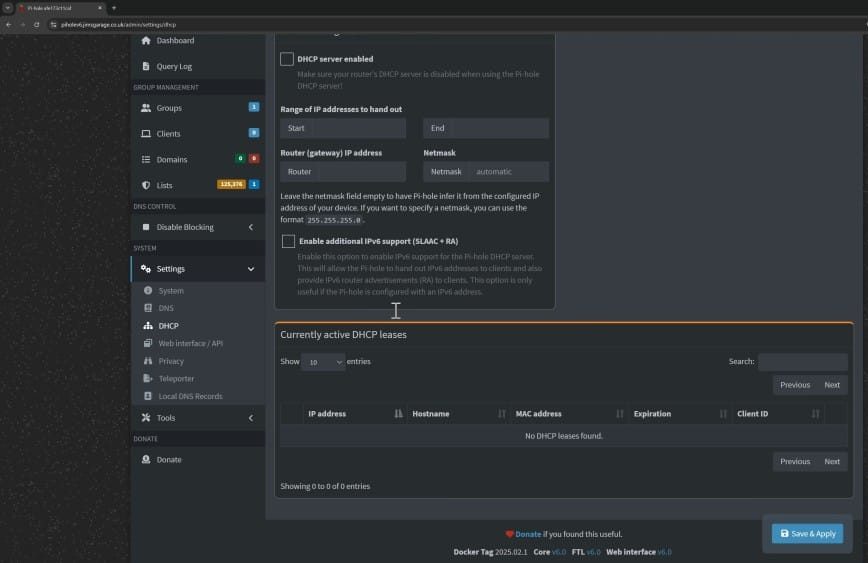 Интерфейс настроек DHCP Pi-hole, показывающий варианты управления IP-адресами и активными арендованными DHCP.