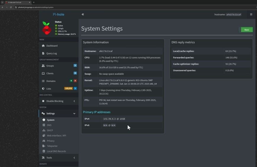 Панель настроек системы Pi-hole с отображением использования ЦП, ОЗУ и метрик DNS.