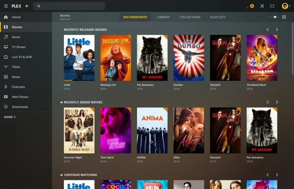 Скриншот интерфейса Plex, показывающий популярные недавно выпущенные фильмы, такие как 'Little' и 'Dumbo'.
