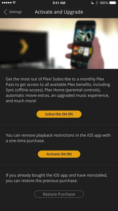 Промо-экран приложения Plex, демонстрирующий варианты подписки и преимущества