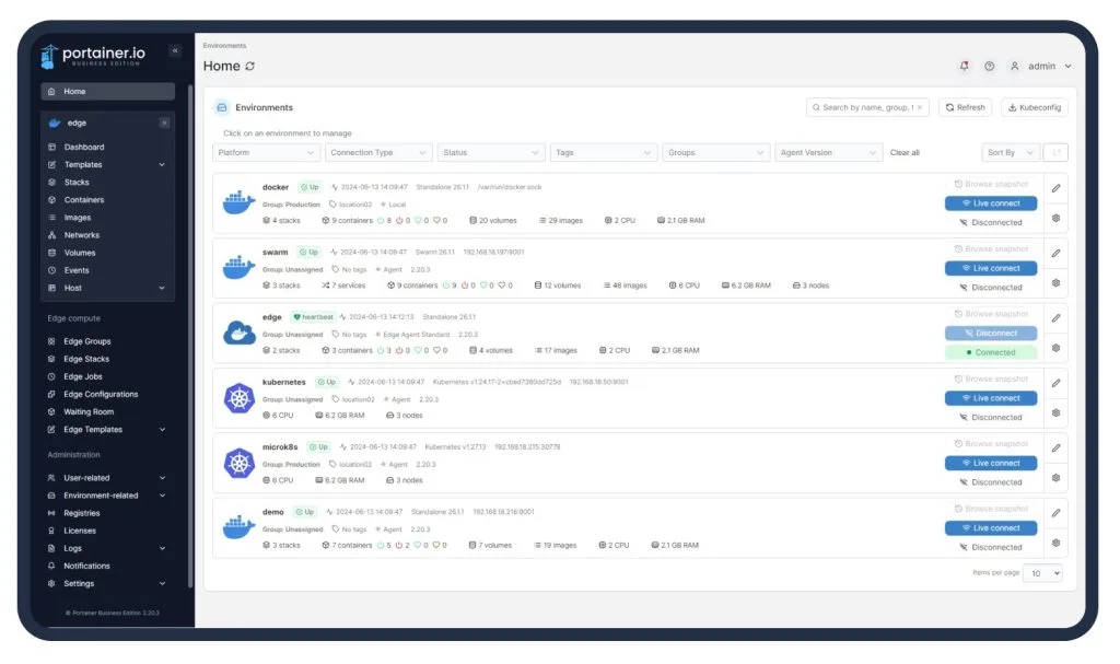 Скриншот интерфейса Portainer Business Edition, показывающий различные окружения для управления контейнерами.