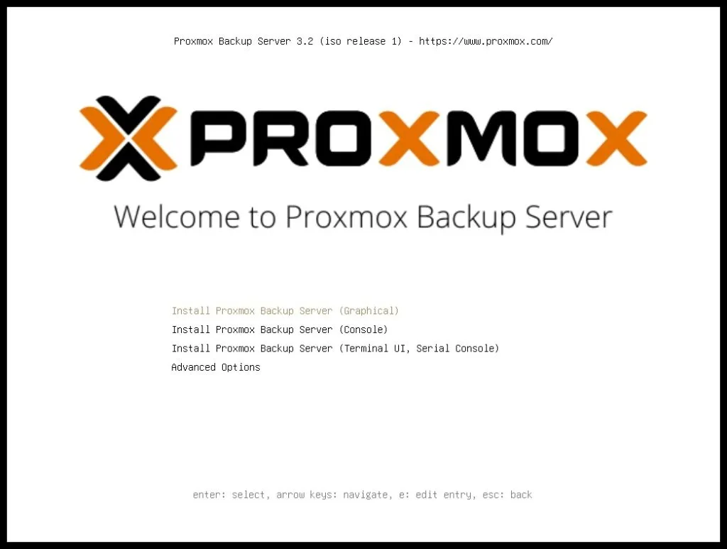 Экран приветствия Proxmox Backup Server 3.2 с вариантами установки