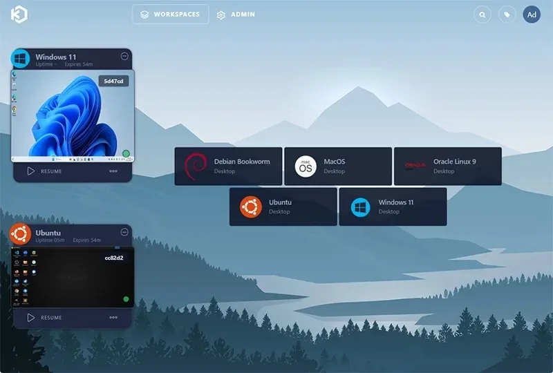 Виртуальная рабочая среда с множеством операционных систем, включая Windows 11, Ubuntu и Debian Bookworm, с эстетичным фоном гор.