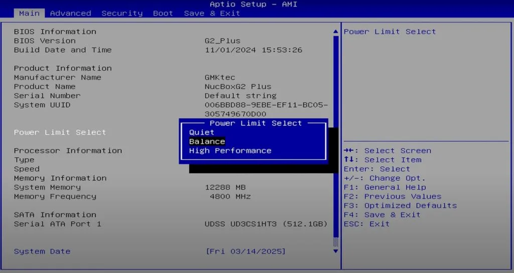 Скриншот утилиты Aptio Setup, показывающий настройки BIOS с параметрами ограничения мощности для GMKtec NucBox G2 Plus.