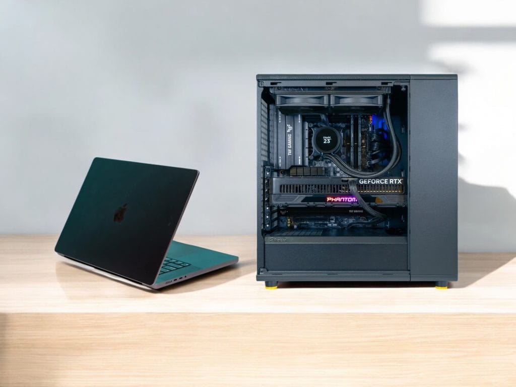 RTX 5090 vs Apple M4 Max: Элегантный игровой ПК с видеокартой GeForce RTX рядом с современным ноутбуком на деревянном столе.
