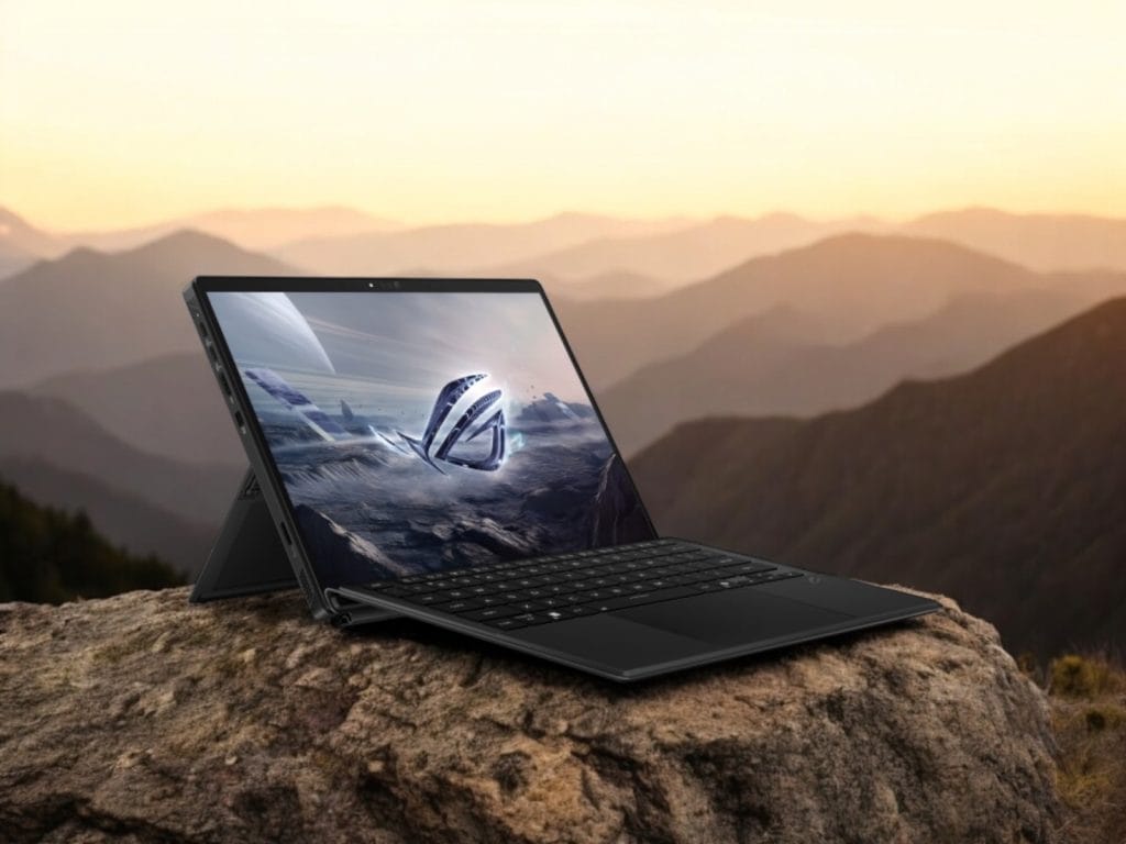 Asus Flow Z13 2025. Современный ноутбук на каменной поверхности с горным фоном, демонстрирующий фантастическое изображение на экране.