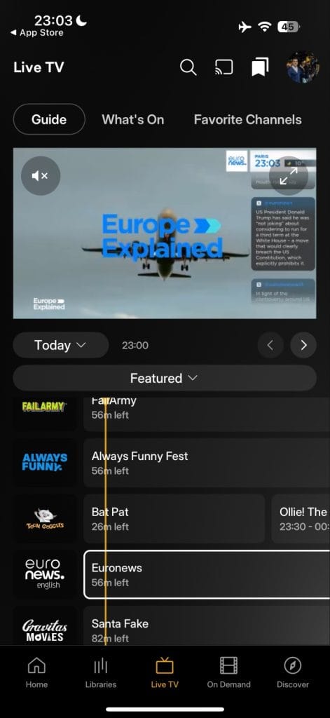 Plex Скриншот приложения для стриминга ТВ в прямом эфире, показывающий программу под названием 'Европа: Объяснено' с видимыми другими списками контента.