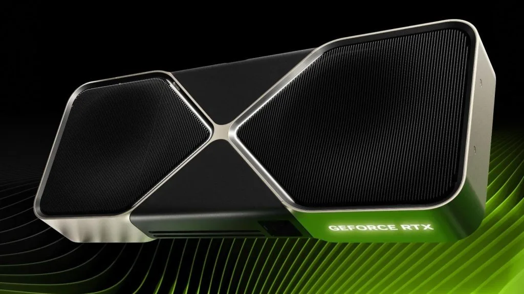 Nivida RTX 5060 Ti. Высокопроизводительная видеокарта Nvidia GeForce RTX с двойным вентилятором на черном и зеленом фоне