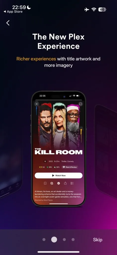 Новое приложение Plex с ярким оформлением титулов и изображениями для фильмов, включая фильм 'Убойная комната'.
