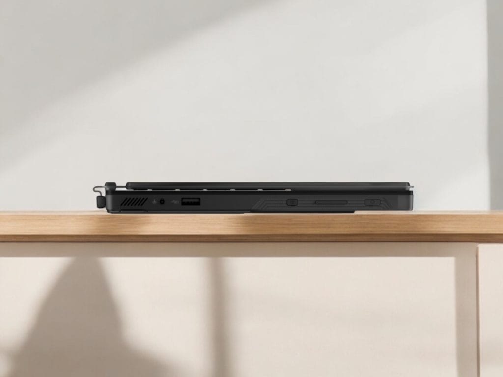 Asus Flow Z13 2025. Элегантный черный ноутбук на деревянном столе, демонстрирующий свой тонкий профиль и разъемы.
