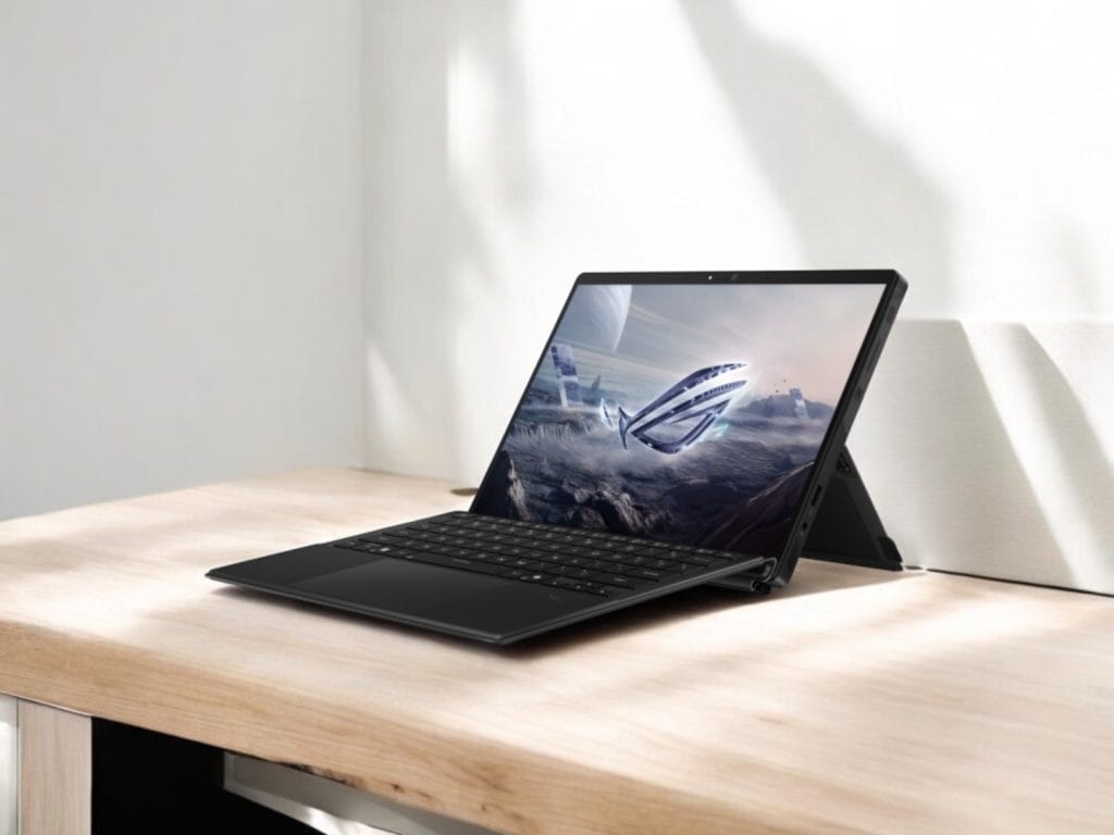 Asus ROG Flow Z13 2025. Элегантный ноутбук с отсоединяемой клавиатурой, показывающий футуристический пейзаж на экране, установленный на деревянном столе.