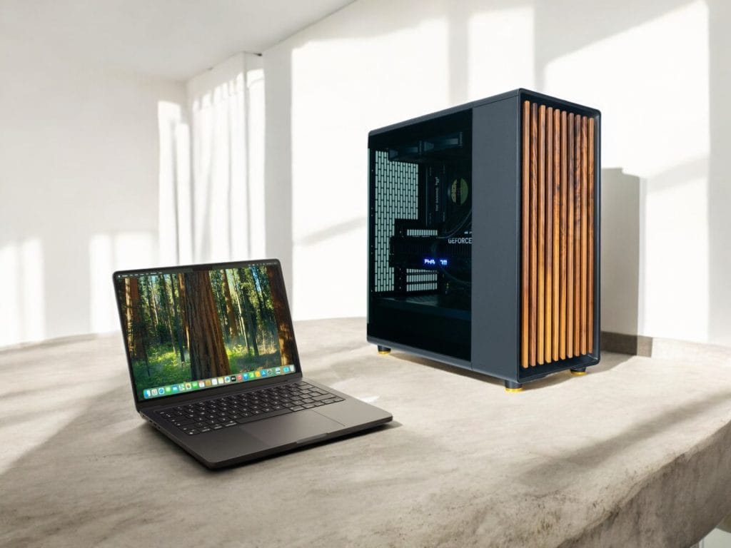RTX 5090 vs Apple M4 Max: Современный ноутбук и стильный корпус компьютера с элегантным дизайном и деревянными акцентами в ярком минималистичном интерьере.