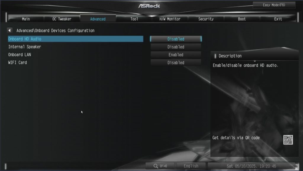 ASRock DeskMini X600. Интерфейс BIOS ASRock с расширенной настройкой встроенных устройств: включение и отключение HD аудио, внутреннего динамика, LAN и WiFi карты для оптимальной работы компонентов