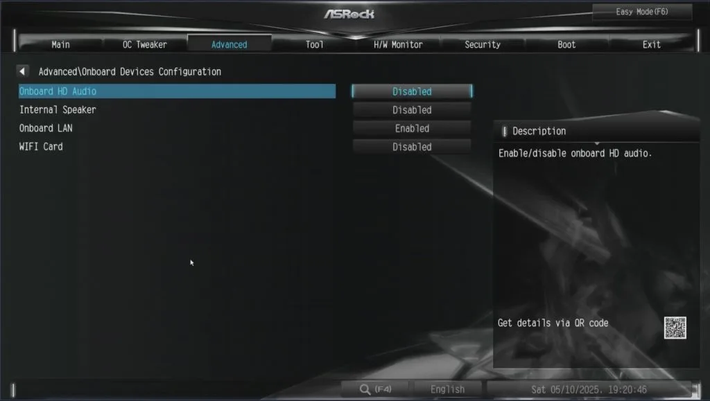 ASRock DeskMini X600. Интерфейс BIOS ASRock с расширенной настройкой встроенных устройств: включение и отключение HD аудио, внутреннего динамика, LAN и WiFi карты для оптимальной работы компонентов