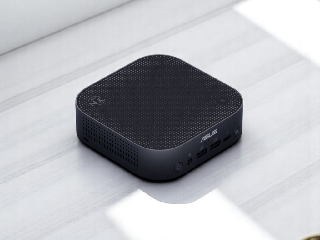 ASUS NUC 14 Pro AI. Компактный чёрный мини-ПК ASUS с USB-портами и кнопкой питания на светлой поверхности