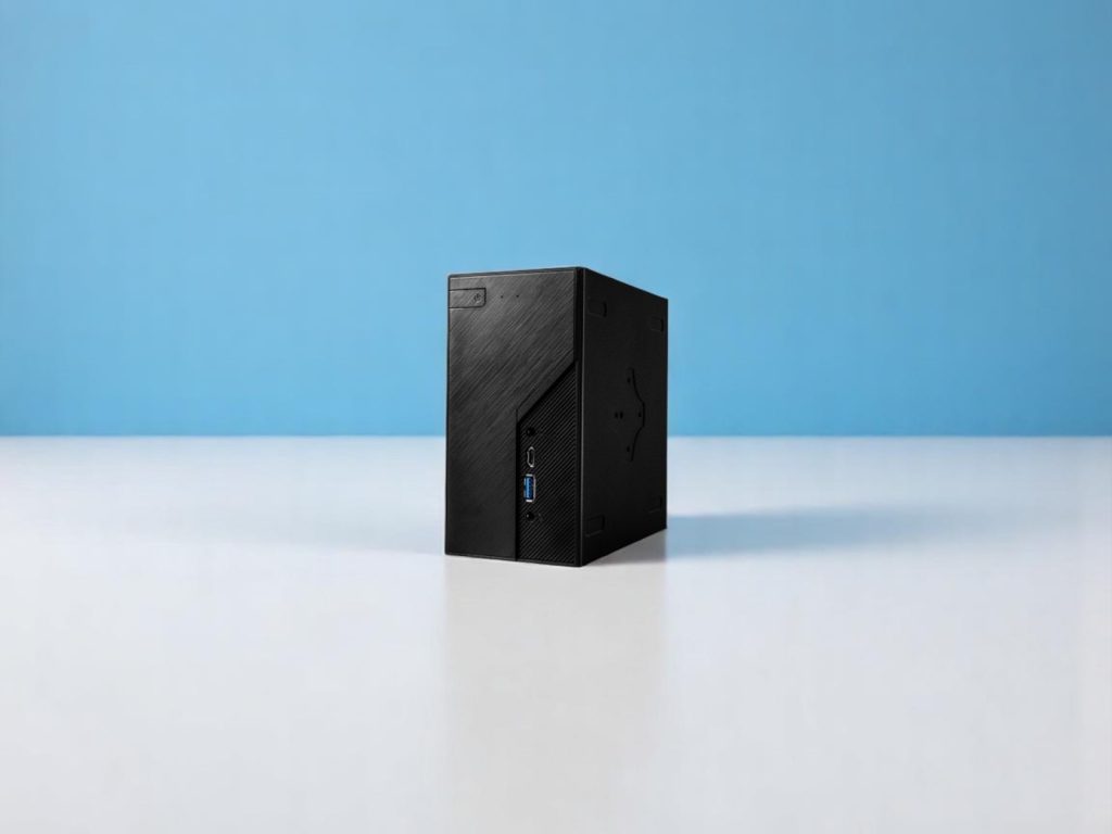 ASRock DeskMini X600. Компактный черный мини-ПК с USB-портами на белой поверхности и голубом фоне