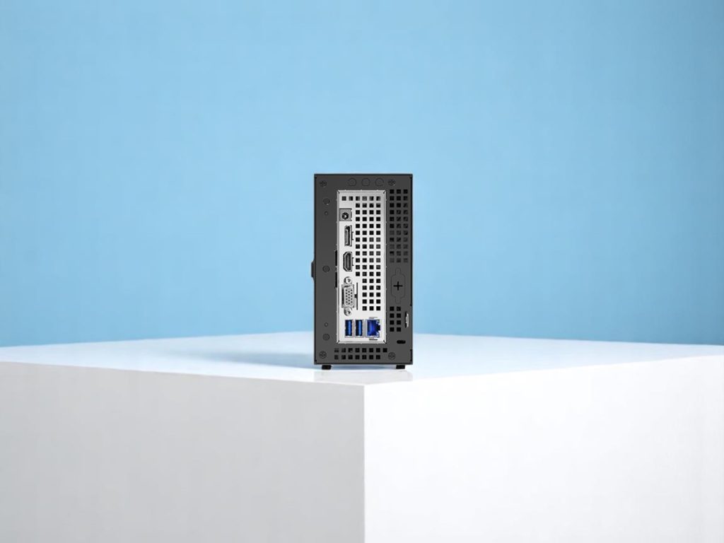 ASRock DeskMini X600. Задняя панель компактного настольного компьютера с портами HDMI, DisplayPort, USB 3.0, Ethernet и VGA на фоне голубой стены