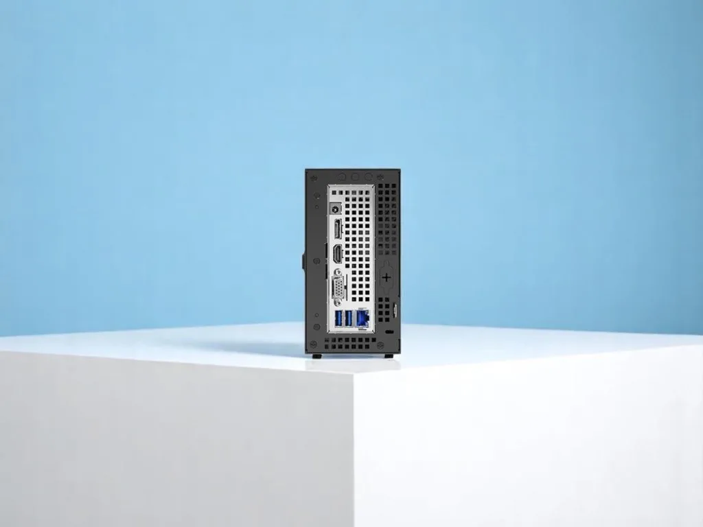 ASRock DeskMini X600. Задняя панель компактного настольного компьютера с портами HDMI, DisplayPort, USB 3.0, Ethernet и VGA на фоне голубой стены