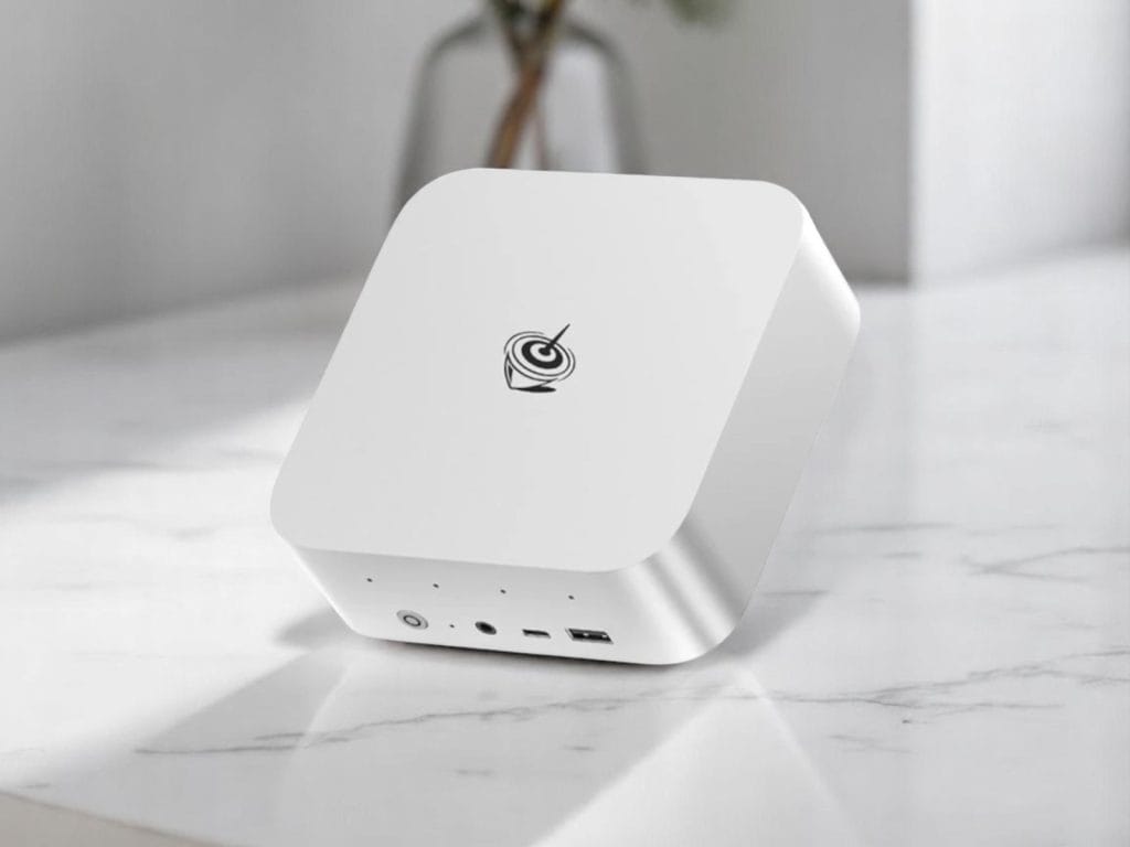 Beelink SER9 HX370. Компактный белый портативный мини-ПК или сетевое устройство на мраморной поверхности с USB-портами и кнопкой включения