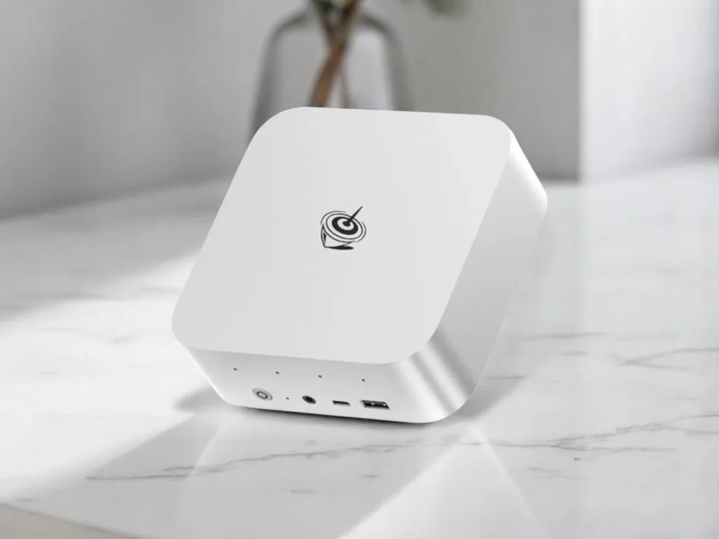 Beelink SER9 HX370. Компактный белый портативный мини-ПК или сетевое устройство на мраморной поверхности с USB-портами и кнопкой включения