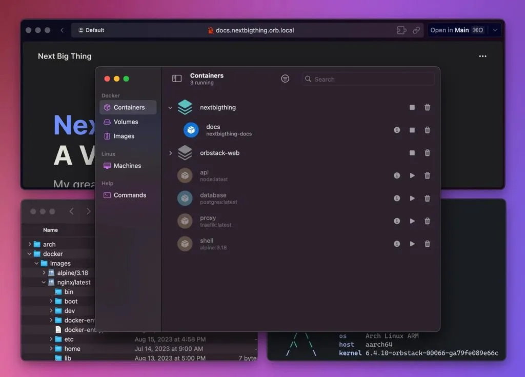 Рабочий стол Mac с открытым приложением для управления Docker-контейнерами, отображающим запущенные контейнеры nextbigthing, docs и orbstack-web в интерфейсе с тёмной темой.