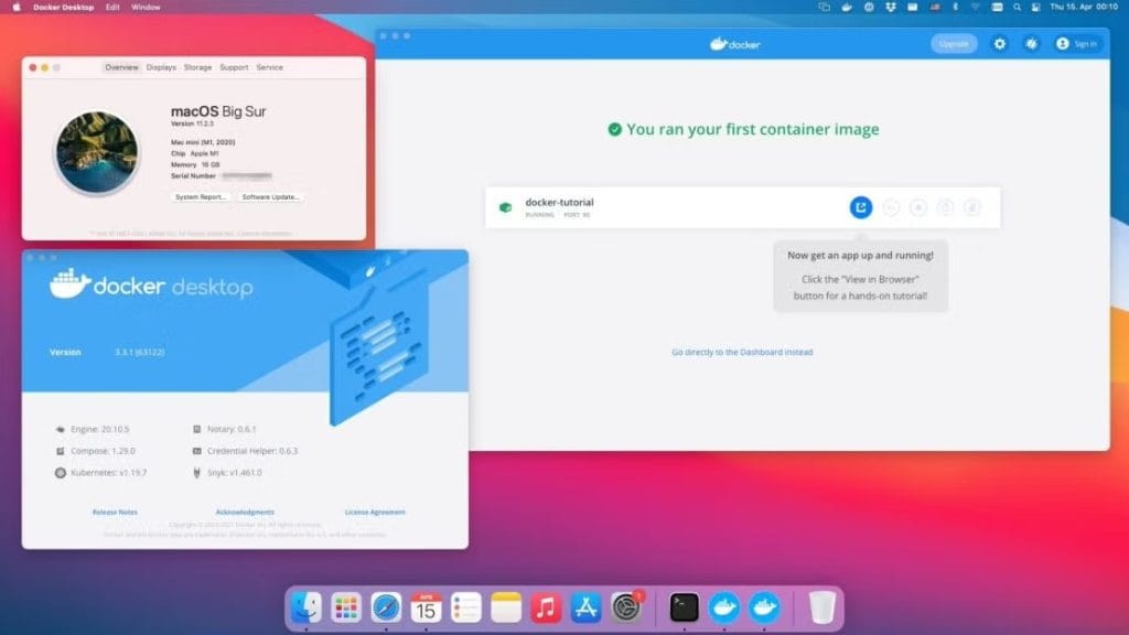 Приложение Docker Desktop работает на macOS Big Sur, отображая информацию о контейнере и системные данные для управления Docker контейнерами