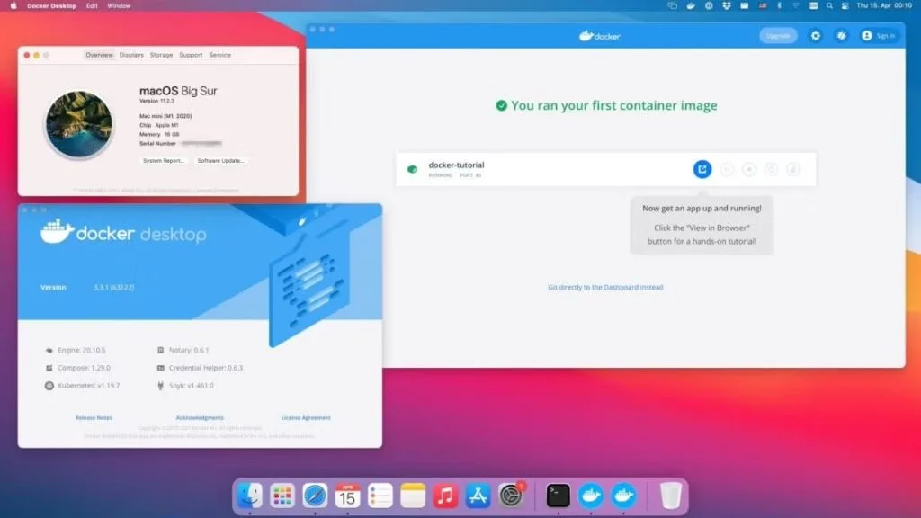 Приложение Docker Desktop работает на macOS Big Sur, отображая информацию о контейнере и системные данные для управления Docker контейнерами