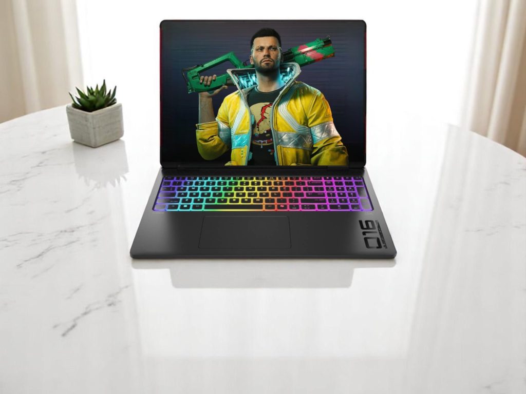 RTX 5080 vs 5090 для ноутбука. Игровой ноутбук с RGB-подсветкой клавиатуры, на экране которого изображён персонаж из игры с футуристическим оружием