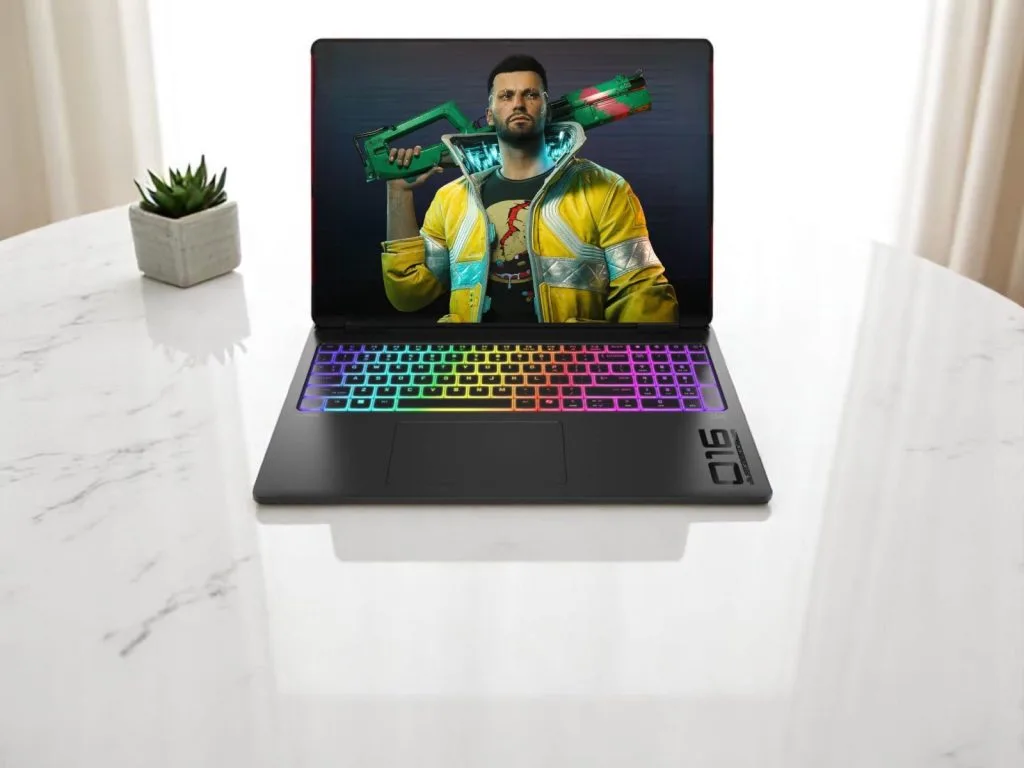 RTX 5080 vs 5090 для ноутбука. Игровой ноутбук с RGB-подсветкой клавиатуры, на экране которого изображён персонаж из игры с футуристическим оружием