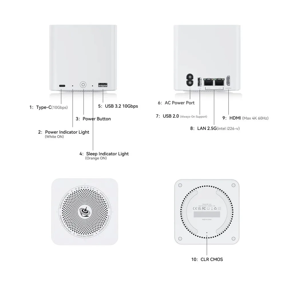 Beelink ME mini NAS. Белый мини-ПК с портами Type-C, USB 3.2, USB 2.0, HDMI, LAN 2.5G, кнопкой питания и индикаторами режима работы и сна