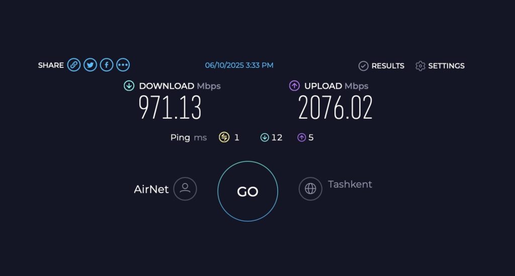 Результаты теста скорости интернета с показателями скачивания 971.13 Мбит/с и загрузки 2076.02 Мбит/с от AirNet в Ташкенте