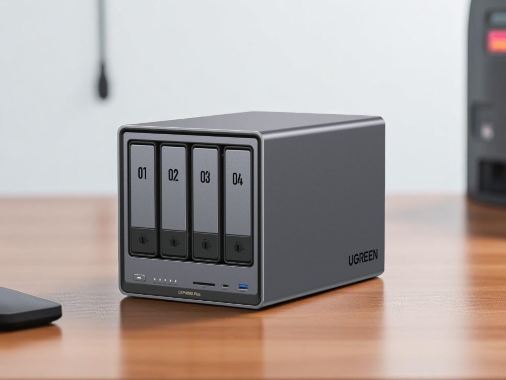 Настольное NAS-устройство хранения UGREEN DXP4800 Plus с четырьмя отсеками для дисков, пронумерованными от 01 до 04, на деревянном столе.