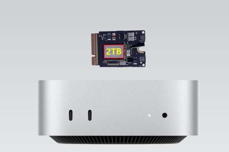 Элегантный компьютер с установленным 2ТБ SSD-накопителем, плавающим над ним, демонстрирующий современные технологии.