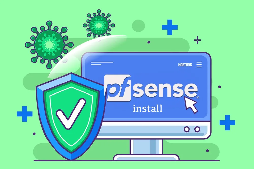 Визуальное представление установки pfSense, демонстрирующее компьютерный монитор с логотипом pfSense и элементами безопасности.