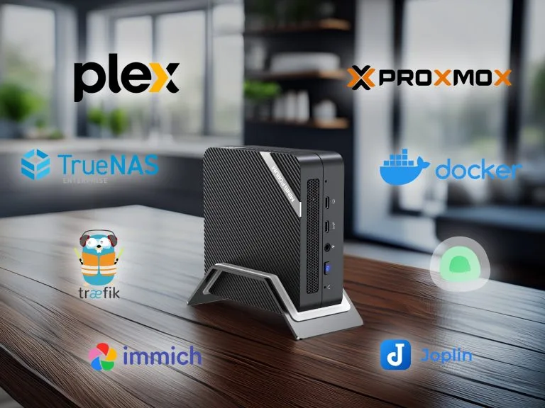Компактный настольный ПК с различными приложениями, включая Plex, TrueNAS и Docker на деревянном столе.