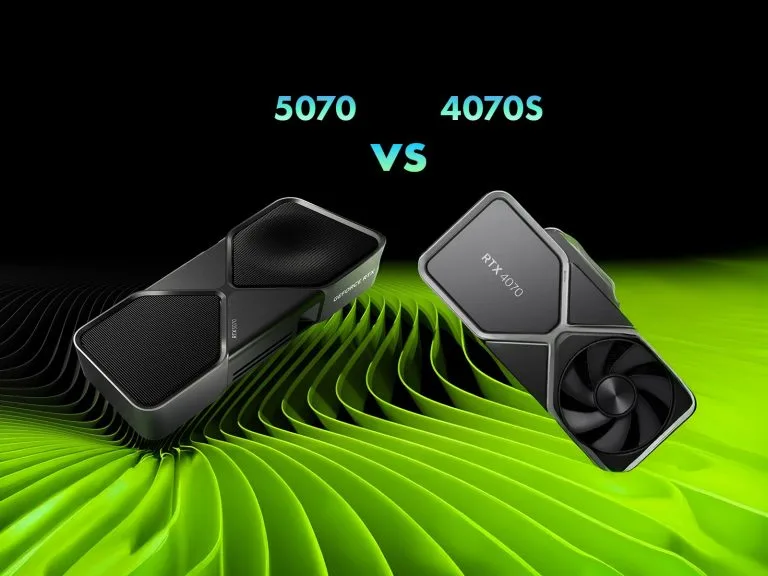 RTX 5070 vs 4070S: Тесты удивят геймеров и профессионалов!Сравнительное изображение графических карт NVIDIA RTX 5070 и RTX 4070S, подчеркивающее современные технологии GPU в динамичном дизайне.