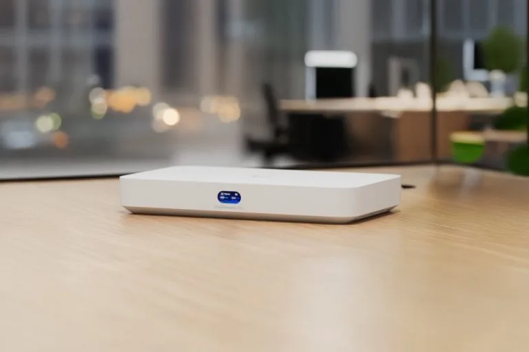 Устройство Cloud Gateway на деревянном столе в офисе.