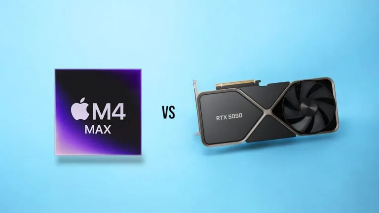 RTX 5090 vs Apple M4 Max: Что выбрать креаторам? | Бенчмарки, ИИ, 3D, видеомонтаж и редактирование фото. Сравнение чипа Apple M4 Max и графической карты NVIDIA RTX 5090 на голубом фоне.