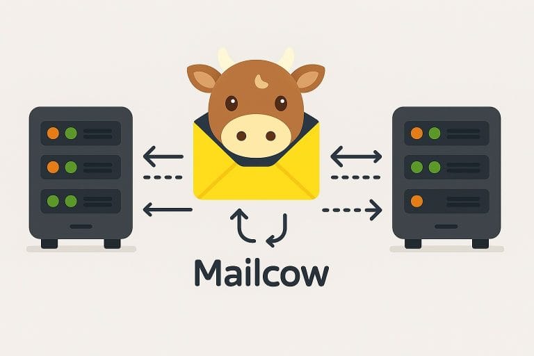 Синхронизация Mailcow серверов и фейловер: мой способ. Мультяшная иллюстрация с головой коровы, выглядывающей из конверта, символизирующейemail-услуги, с изображениями серверов по обе стороны.